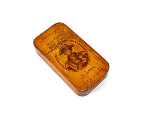 THE MILITARY CLUB HOUSE: NELSON SOUVENIR SNUFF BOX, satinwood, painted with oval portrait of Nelson between legends 'Palmam q