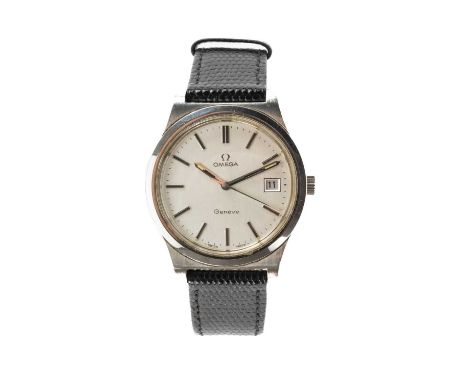 THE WRISTWATCH CLUB HOUSE: OMEGA GENEVE STAINLESS STEEL CALENDER WRISTWATCH, c.1975, ref. 135.070, silvered dial with bar mar