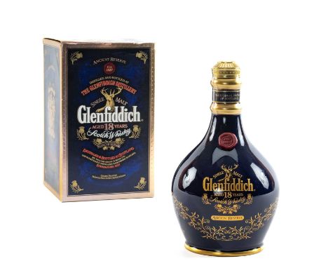 THE WHISKY CLUB HOUSE: GLENFIDDICH 18 YEAR OLD ANCIENT RESERVE single malt whisky 43%, presented in a blue ceramic decanter, 