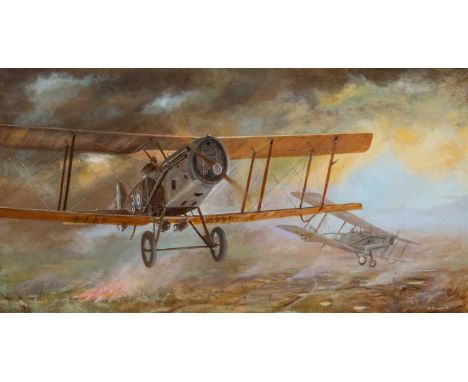 ‡ THE MILITARY CLUB HOUSE: RAY DAWES (20th Century) oil on board - 'Noon, Sunset', Bristol fighters over Arras, 1917, signed 