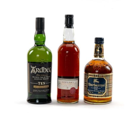 THE WHISKY CLUB HOUSE: ARDBEG 10YO SINGLE ISLAY MALT WHISKY, original box, 70cl, 46%, BURBERRY'S 12YO BLENDED SCOTCH WHISKY, 