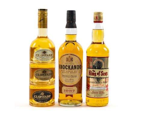 THE WHISKY CLUB HOUSE: CLONTARF TRINITY IRISH WHISKEY, 3 x 200ml, 40%, KING OF SCOTS BLENDED SCOTCH WHISKY, 700ml, 40%, KNOCK