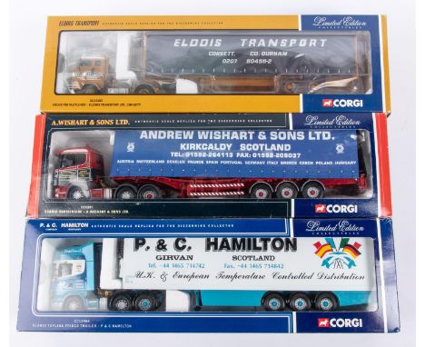 3 Corgi Trucks. Scania Curtainside, A.Wishart. Volvo F88 Tautliner, Elldis Transport. Scania Topline Fridge Trailer, P&amp;C 