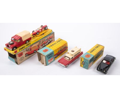 A quantity of Corgi Toys. Gift Set No. 17 Land Rover with Ferrari Racing Car on Trailer. Comprising red Land Rover with beige