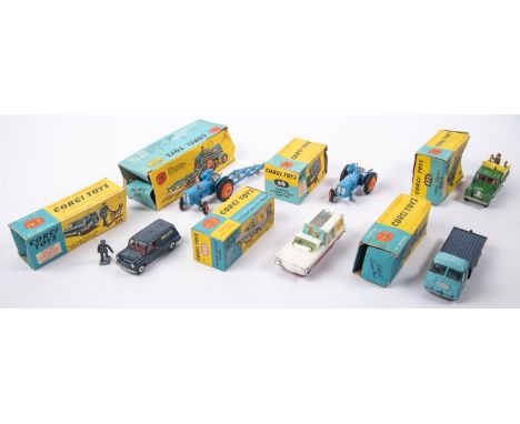 6x Corgi Toys. ERF Model 44G Platform Lorry (457) in light blue with dark blue back. Chevrolet Impala Kennel Service Wagon (4