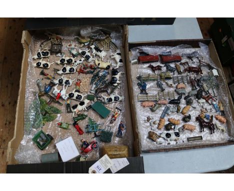 A quantity of lead Farm by Britains, Johillco, etc. Including; 16+ figures of farm workers, etc. Hay stacks, Johillco pond, b