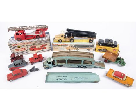 9x Dinky Toys/Supertoys. 3x boxed examples; A Humber Hawk Police Patrol car (256), in black. French Dinky Tracteur Unic Sahar