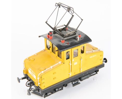 A Marklin Gauge One (Spur 1), 45mm,  Deutsche Bahn 0-4-0 Class 869 locomotive. An electric pantograph shunter in DB yellow li