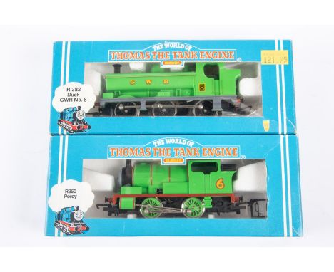 2x Hornby OO gauge Thomas the Tank Engine locomotives. Duck 8, 0-6-0PT (R382). Percy 6, 0-4-0T (R350),. Both in green livery.