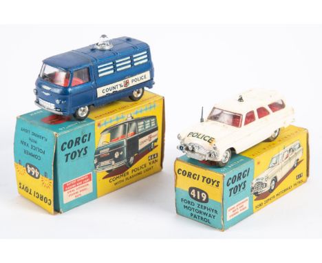 2 Corgi Toys. Ford Zephyr Motorway Patrol (419). In white with red interior, POLICE to bonnet and rear, small blue light to r