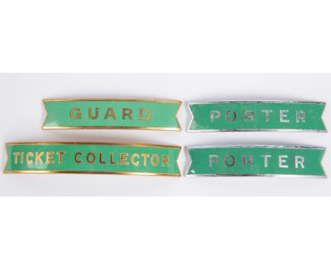 4x British Railways (Southern Region) fishtail style cap badges by Gaunt, etc. 2x Porter, Guard and Ticket Collector. All chr