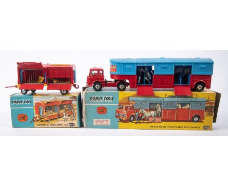 2 Corgi Toys. Circus Horse Transporter With Horses (1130). Red Bedford TK Tractor Unit with red &amp; blue Semi-Trailer. Toge