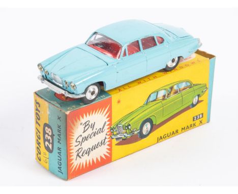 A Corgi Toys Jaguar Mark X (238). In light blue with red interior and dished spun wheels. Boxed, minor wear. Vehicle GC-VGC, 