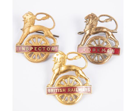 3x British Railways (Midland Region) cap badges. FOREMAN, INSPECTOR and BRITISH RAILWAYS. Brass and red enamel lion over whee