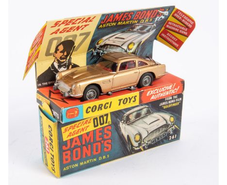 Corgi Toys James Bond's Aston Martin D.B.5 'from the James Bond Film 'Goldfinger'' (261). In metallic gold with red interior.