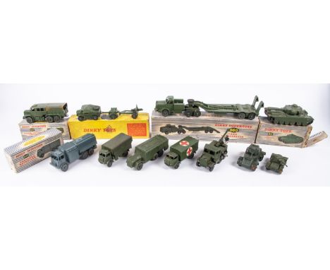 10x Dinky Toys Military vehicles. A 25-Pounder Field Gun set (697). Mighty Antar Tank Transporter (660). RAF Pressure Refuell