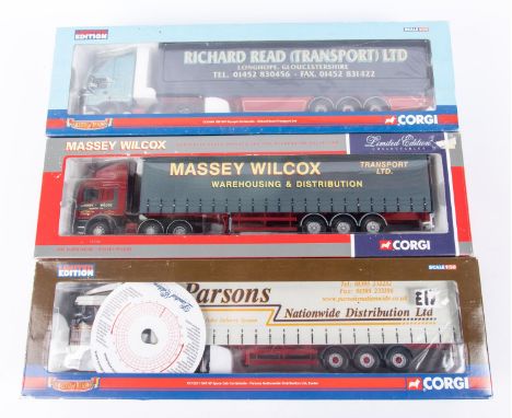 3 Corgi Trucks. A DAF XF Space Cab Curtainside, Parsons Nationwide Distribution, Exeter. An ERF Curtainside, Massey Wilcox. E