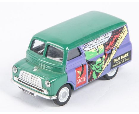 Corgi toys Bedford CA van, Pre production hand decorated factory sample. "Eagle and Dan Dare", Finished in green & purple wit