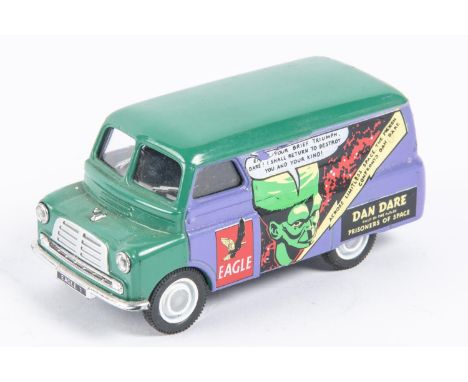 Corgi Toys Bedford CA van pre production hand decorated factory sample. "Eagle and Dan Dare" finished in green and purple wit