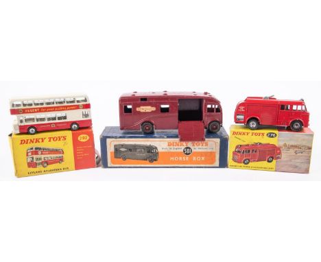 3 Dinky Toys. Airport Fire Tender with Flashing Light (276). In red with 'Airport Fire Control' to sides. Horse Box (581). In