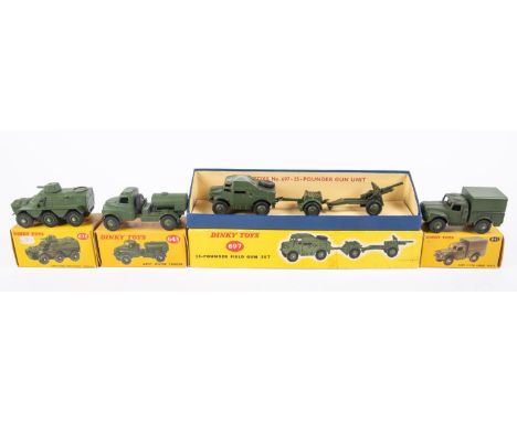 4 Dinky Toys Military Items. 25-Pounder Field Gun Set (697). Comprising Field Artillery Tractor, Limber and Field Gun. Army W