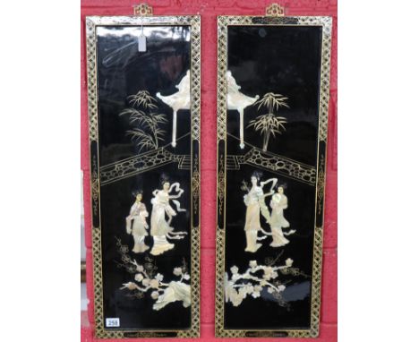 Pair of Japanese lacquered plaques inlaid with mother-of-pearl - Approx W: 30.5cm x H: 91.5cm each