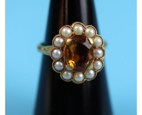 Gold topaz &amp; pearl cluster ring