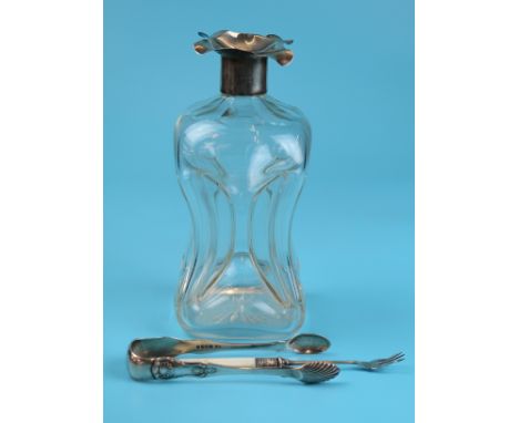 Unusual silver decanter, hallmarked silver sugar tongs &amp; hallmarked silver fork with mother of pearl handle