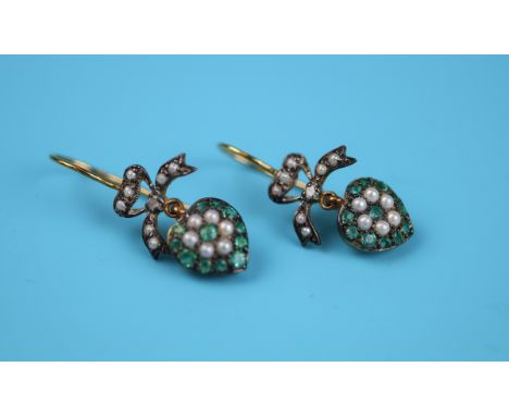 Pair of emerald, pearl &amp; diamond set earrings