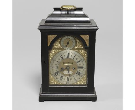 the 7 3/4" brass dial with silvered chapter ring, pendulum aperture and calendar date subsidiary dial to the arch, signed Hen