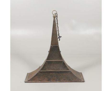 of narrow flared form with ring suspension fitting and twin bulbs, height 110cm, width 92cm, depth 32cm. *CR Some corrosion, 