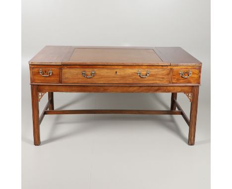 the adjustable easel slope over two pull out surfaces, three drawers and dummy drawers on stretchered base, height 79cm, widt