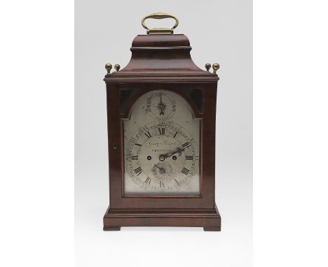 the 6 1/2" silvered dial with Roman and Arabic numerals and subsidiary strike/silent and date dials signed George Bennett, Gr
