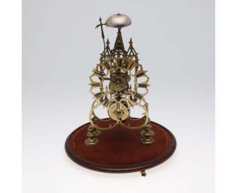 the 6 1/4" pierced chapter ring on a brass, chain driven fusee movement striking to a bell, the scrolling brass frame with tw