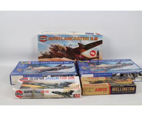 Airfix  - Revell - Five boxed plastic military aircraft model kits in 1:72 scale. Lot includes Airfix #08002-0 Avro Lancaster