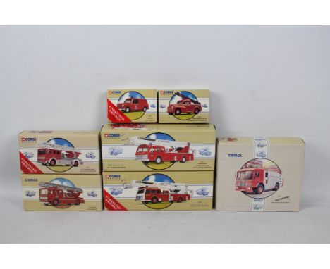 Corgi Classics - Seven boxed diecast predominately UK Fire Appliances from Corgi. Lot includes Corgi #97399 Simon Snorkel Fir