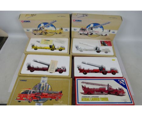 Corgi Classics - Four boxed diecast American LaFrance Aerial Ladder Fire Trucks from Corgi. Lot consists of #97930; #97321 'C
