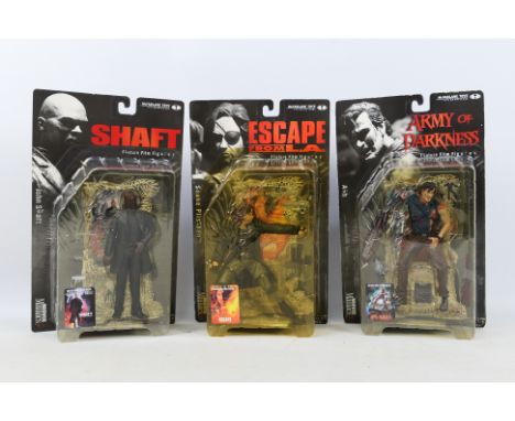 McFarlane Toys - Movie Maniacs - 3 x unopened carded figures with replica movie posters, Shaft, Snake Plissken from Escape Fr