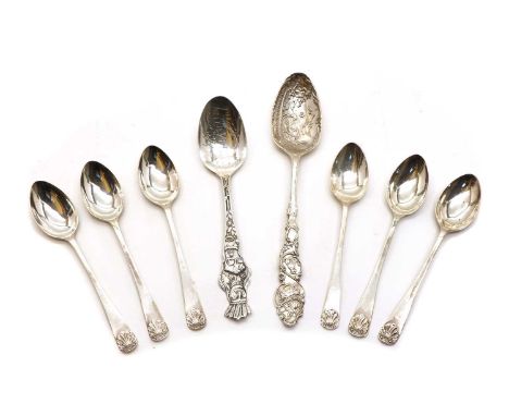 A set of six Edwardian silver Old English and shell pattern coffee/teaspoons, by R Rogers, Sheffield 1908, a child's Edwardia