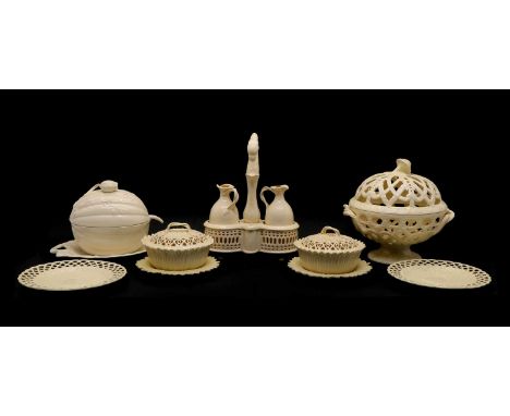 A collection of Leeds Creamware, a pair of bowls and covers, on flowerhead dishes, stamped 'Leeds Pottery', 17.5cm, a pair of