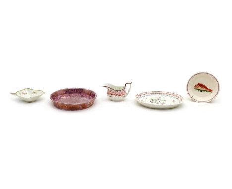 A small pottery char dish, early 19th century, 10.5cm diameter, a pottery pickle dish, early 19th century, 10.5cm long, a sma