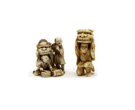 Two late 19th/early 20th century Japanese carved ivory netsuke, a kneeling man wearing a dragon headdress, signed; two musici