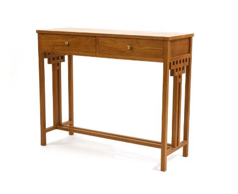 A contemporary teak console table, with two frieze drawers with brass handles, the sides with latticed panels, united with a 