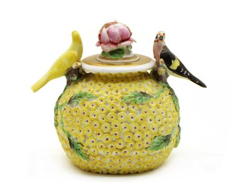 A Spode Schneeballen style inkwell, early 19th century, the floral stopper flanked by two birds, printed mark to the base, 9c