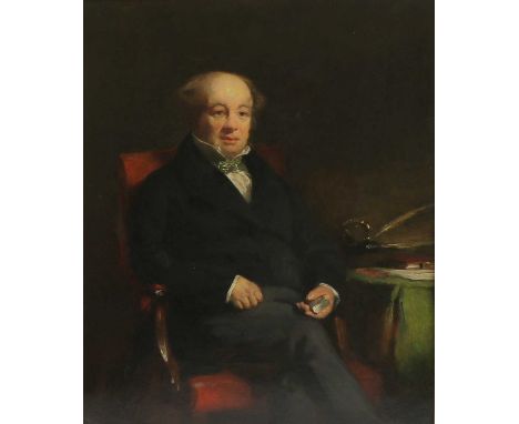 Scottish School, mid-19th centuryPortrait of a gentleman, three-quarter length, in a dark coat and seated in an armchair, hol