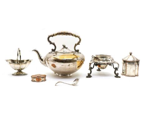A collection of silver plated items, to include an Old Sheffield Plate kettle, possibly by T &amp; J Creswick, with an associ