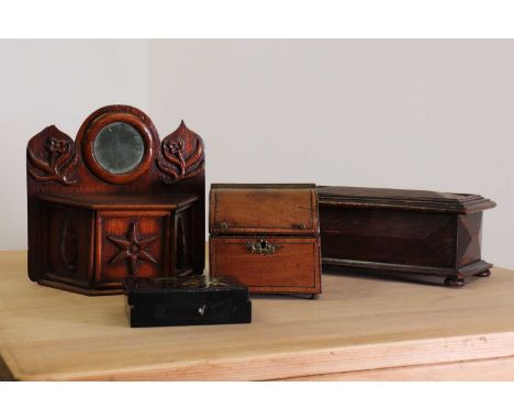 A small French wall collection box, the raised back inset with a mirrored panel over-decorated with foliate carvings, 22cm wi