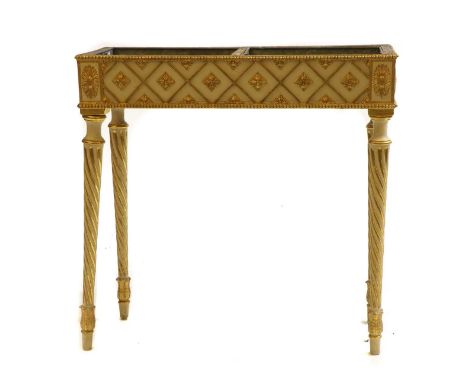 A painted and giltwood planter, fitted with two galvanised troughs, legs loose, 92cm wide, 38cm deep, 91cm highCondition repo