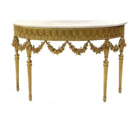 A giltwood and marble top console table, 127cm wide, 46cm high approx., 46cm deepCondition report: Some repairs to the swag u