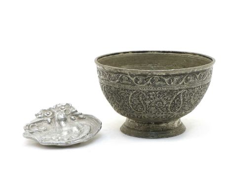 A Russian metal bowl, with pictorial decoration, 17.5cm diameter, together with a similar Art Nouveau decoration pin tray, 11